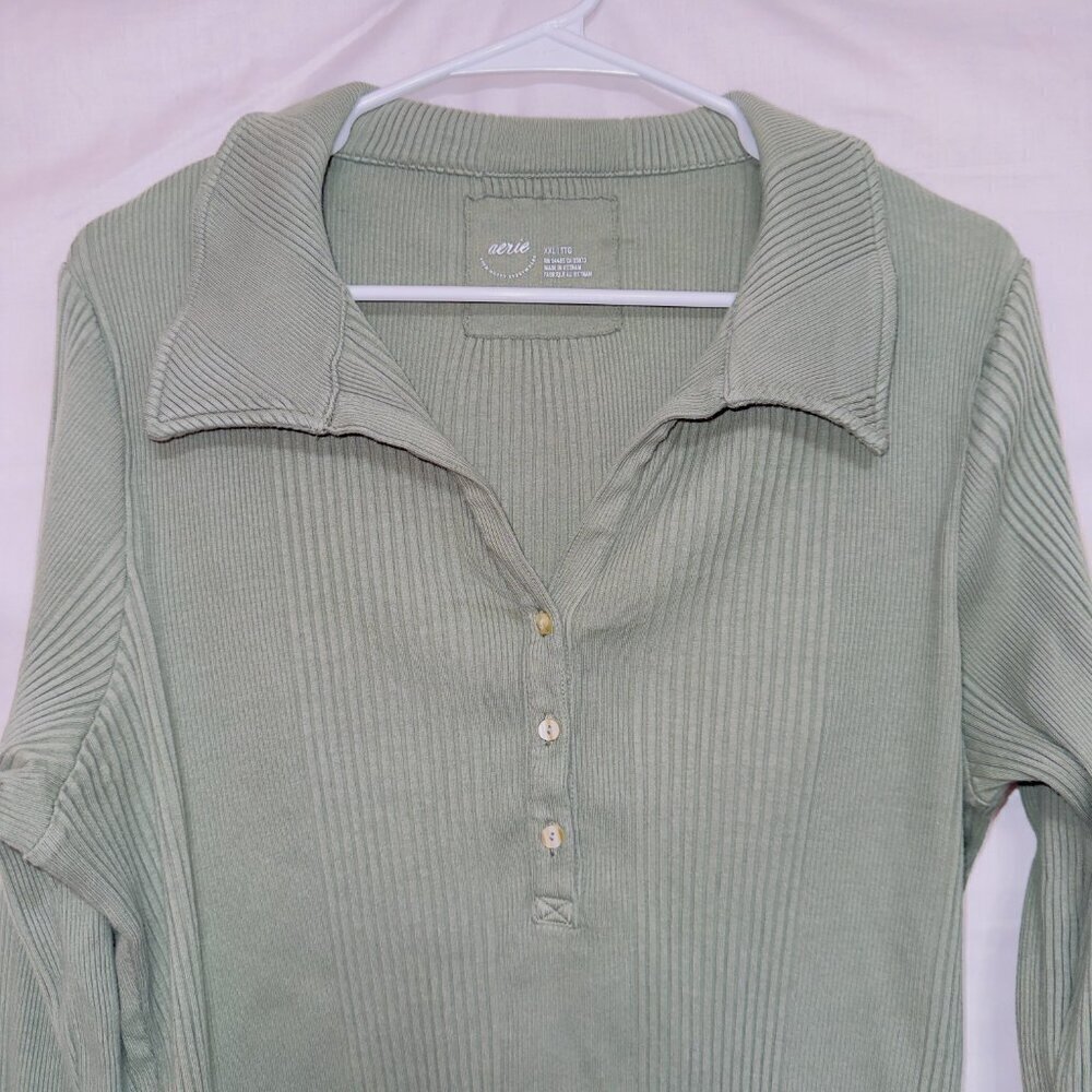 Aerie Green Long Sleeve Ribbed Knit Cropped Henley Top size XXL - Picture 4 of 6